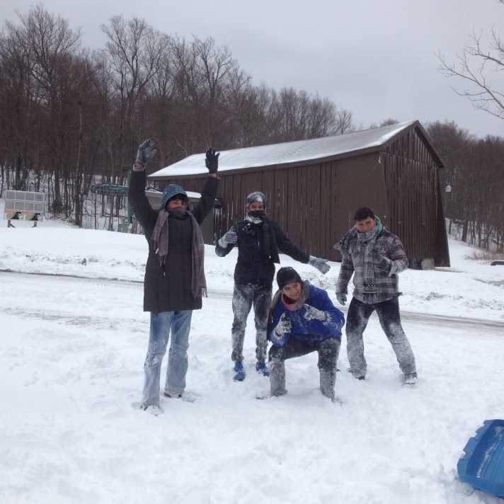 (Puerto Rican/BFA exchange students mug for the camera in the fresh snow at Bolton Valley.)