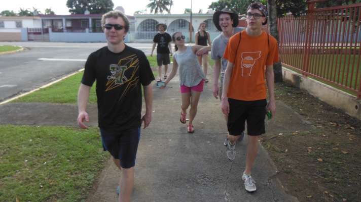 BFA students (left to right, Alex F, Rebekah L, Dave L and Bastien T) and Harford HS students out for a morning walk at a local sports and training center in Carolina, PR.  The Municipality of Carolina provided Housing in the dorms here for two nights.
